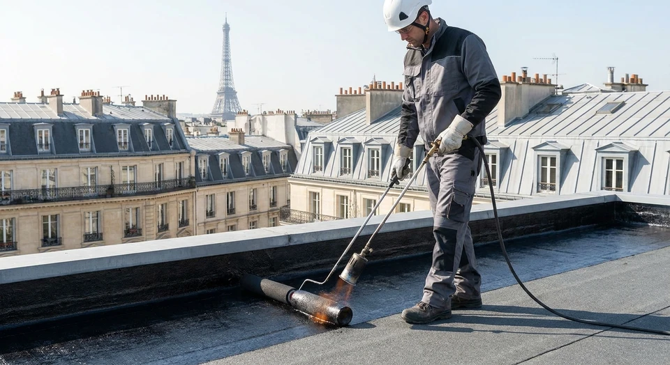 Technicien en vêtements professionnels appliquant une membrane d'étanchéité bitumineuse noire sur une toiture plate avec l'aide d'un équipement de chauffage professionnel (chalumeau thermique), montrant le travail précis et technique caractéristique de l'étanchéité toiture. Le contexte doit clairement montrer une expertise pointue en étanchéité plutôt qu'une tâche basique de construction.