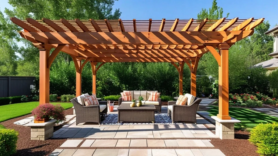 Espace extérieur aménagé avec pergola en bois naturel abritant un salon de jardin