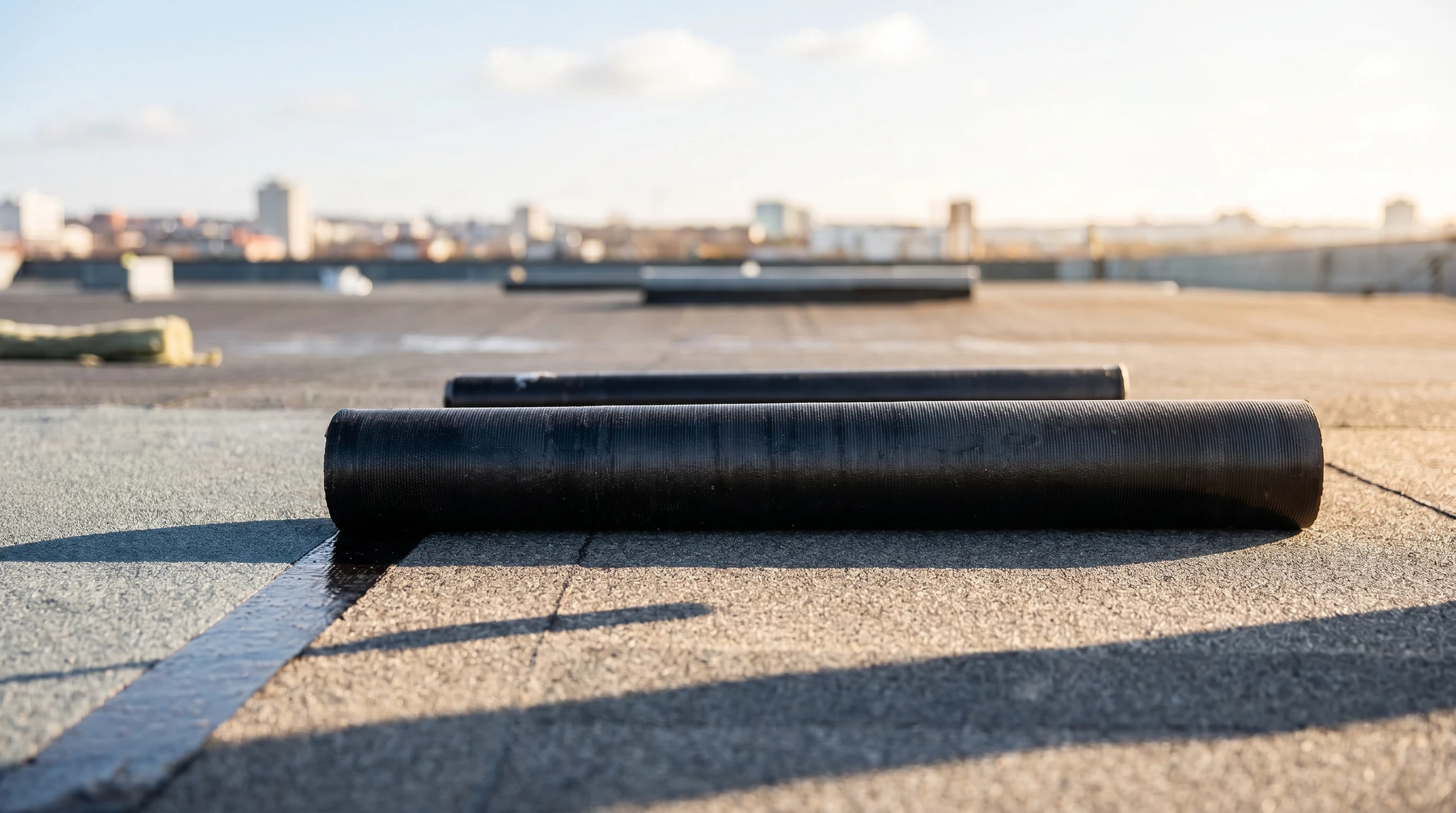Chantier extérieur sur toiture membrane blanche, ouvrier en équipement de sécurité utilisant une soudeuse thermoplastique automatique